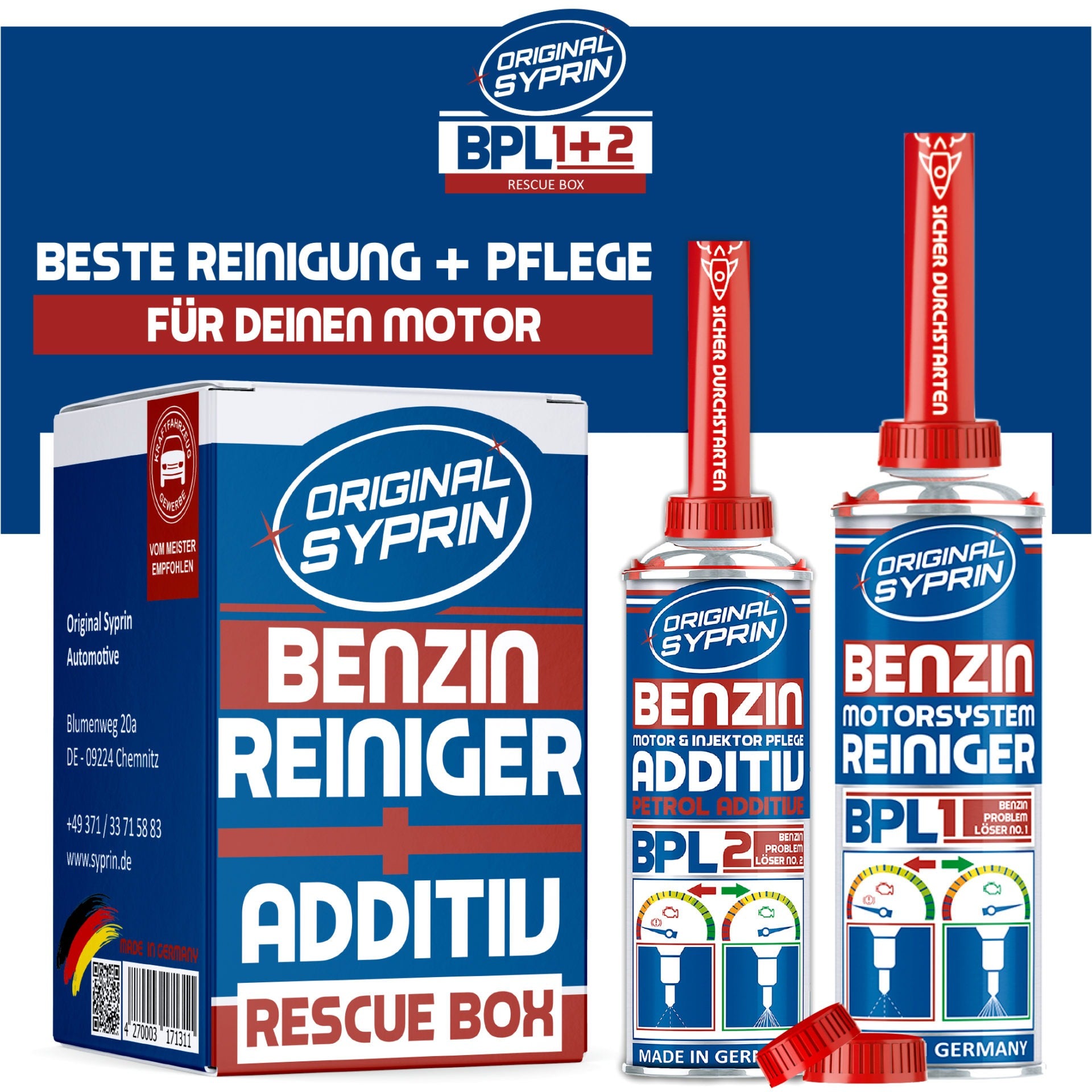 ORIGINAL SYPRIN Benzin Rescue Box - Reiniger und Additiv - 500ml + 2
